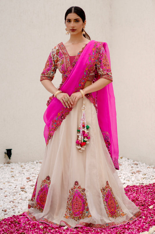 Off White Bridal Lehenga With Pink Embroidery Embellished Pink Blouse And Vibrant Pink Dupatta