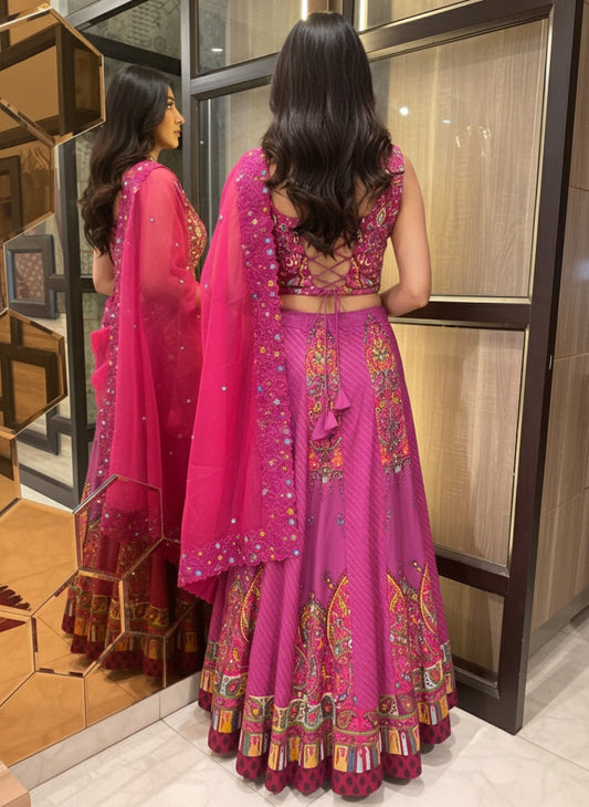 Dusty Pink Kashmiri Work Lehenga Choli with Designer Halter Neck Blouse