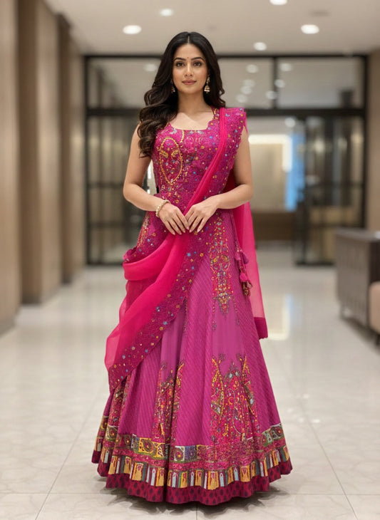 Dusty Pink Kashmiri Work Lehenga Choli with Designer Halter Neck Blouse
