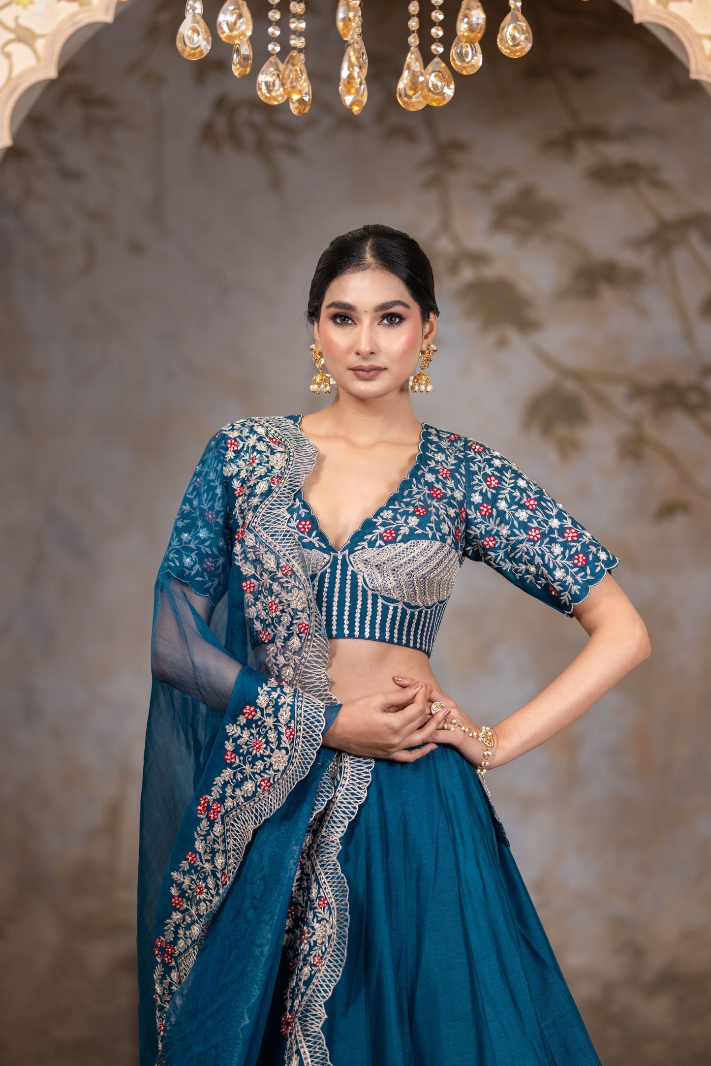 Teal Blue Peacock Lehenga with Heavy Zari Blouse and Organza Dupatta