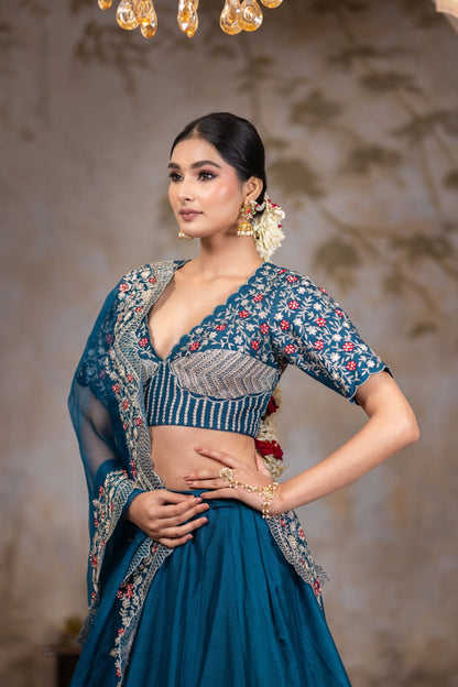 Teal Blue Peacock Lehenga with Heavy Zari Blouse and Organza Dupatta