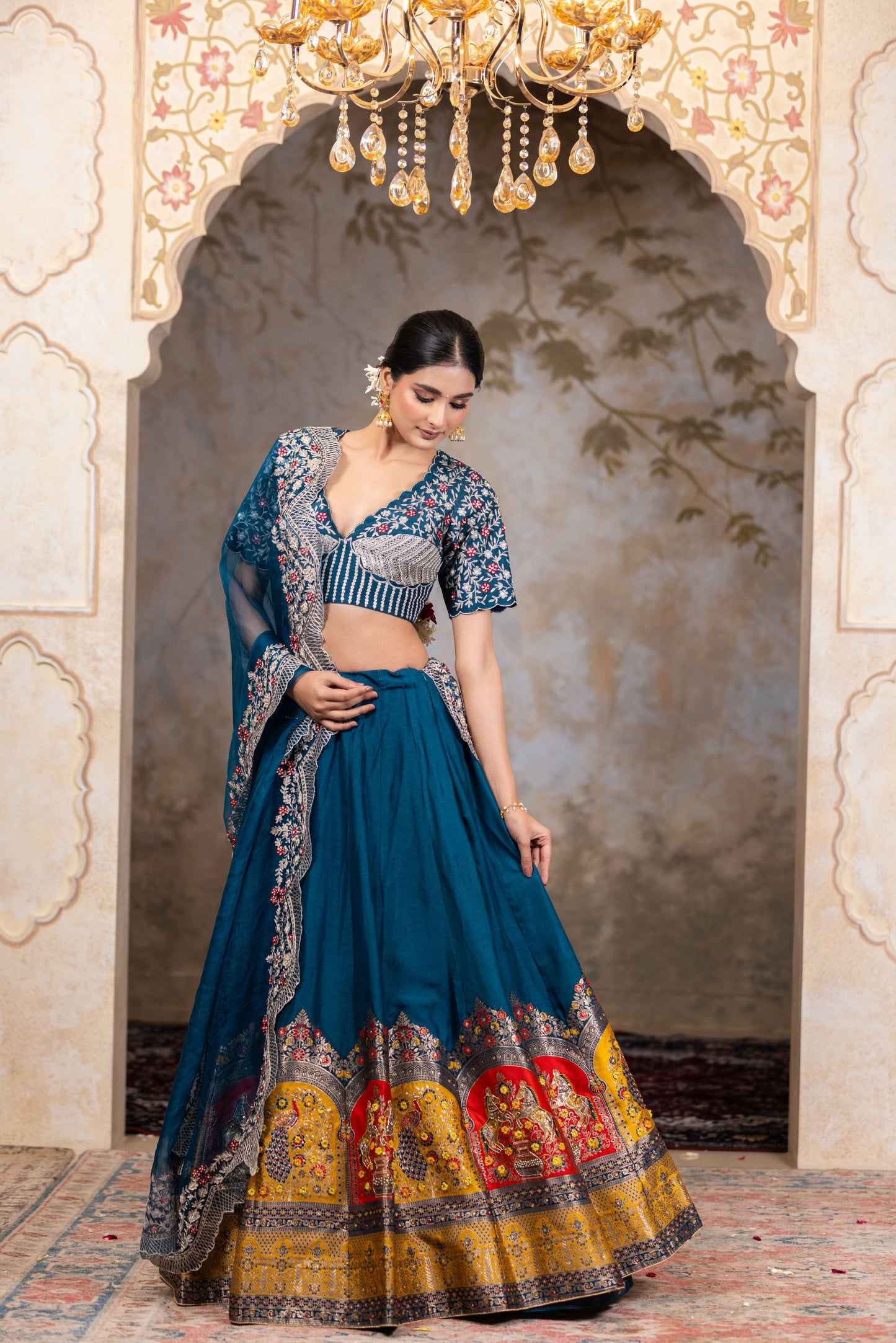 Teal Blue Peacock Lehenga with Heavy Zari Blouse and Organza Dupatta