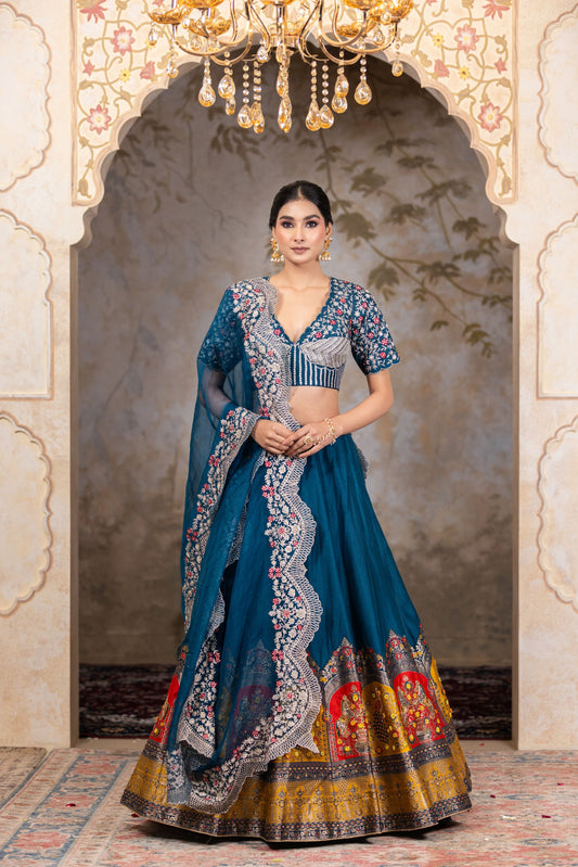 Teal Blue Peacock Lehenga with Heavy Zari Blouse and Organza Dupatta