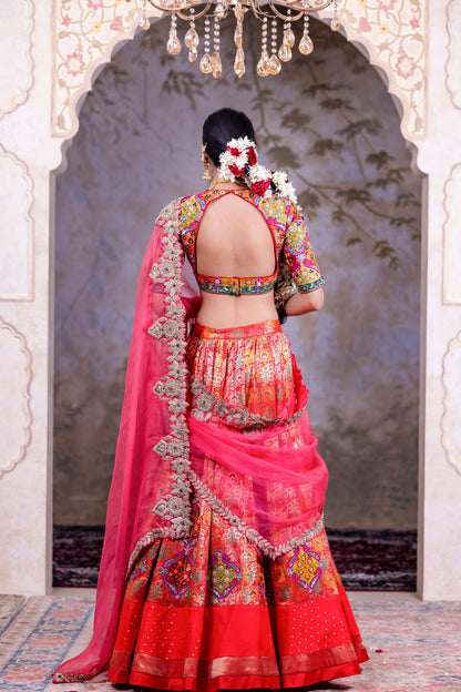 Festive Hot Red Lehenga Choli With Multicolor Sequins Thread Work And Contrast Pink Dupatta