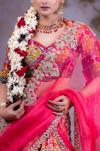 Festive Hot Red Lehenga Choli With Multicolor Sequins Thread Work And Contrast Pink Dupatta