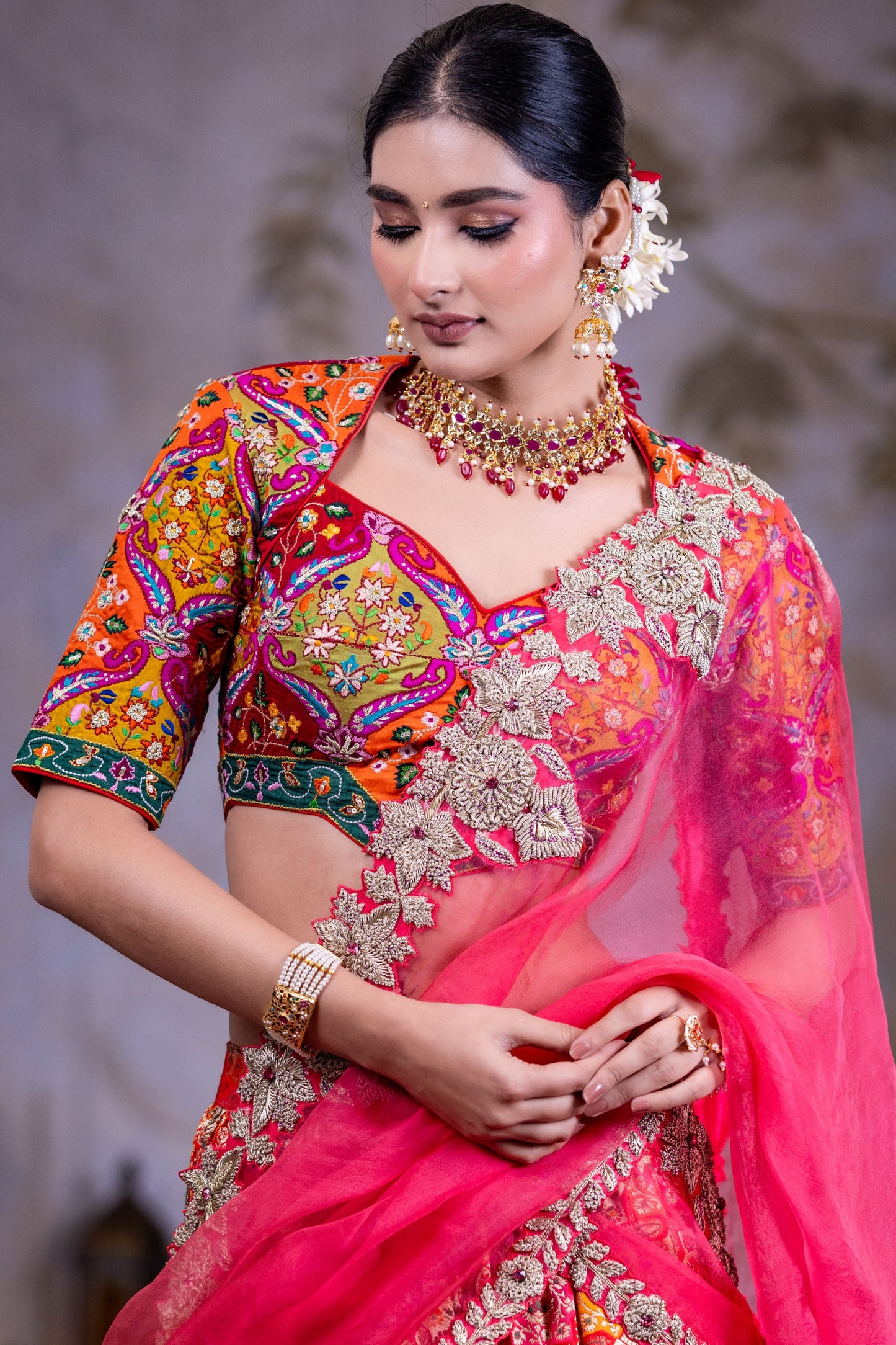 Festive Hot Red Lehenga Choli With Multicolor Sequins Thread Work And Contrast Pink Dupatta