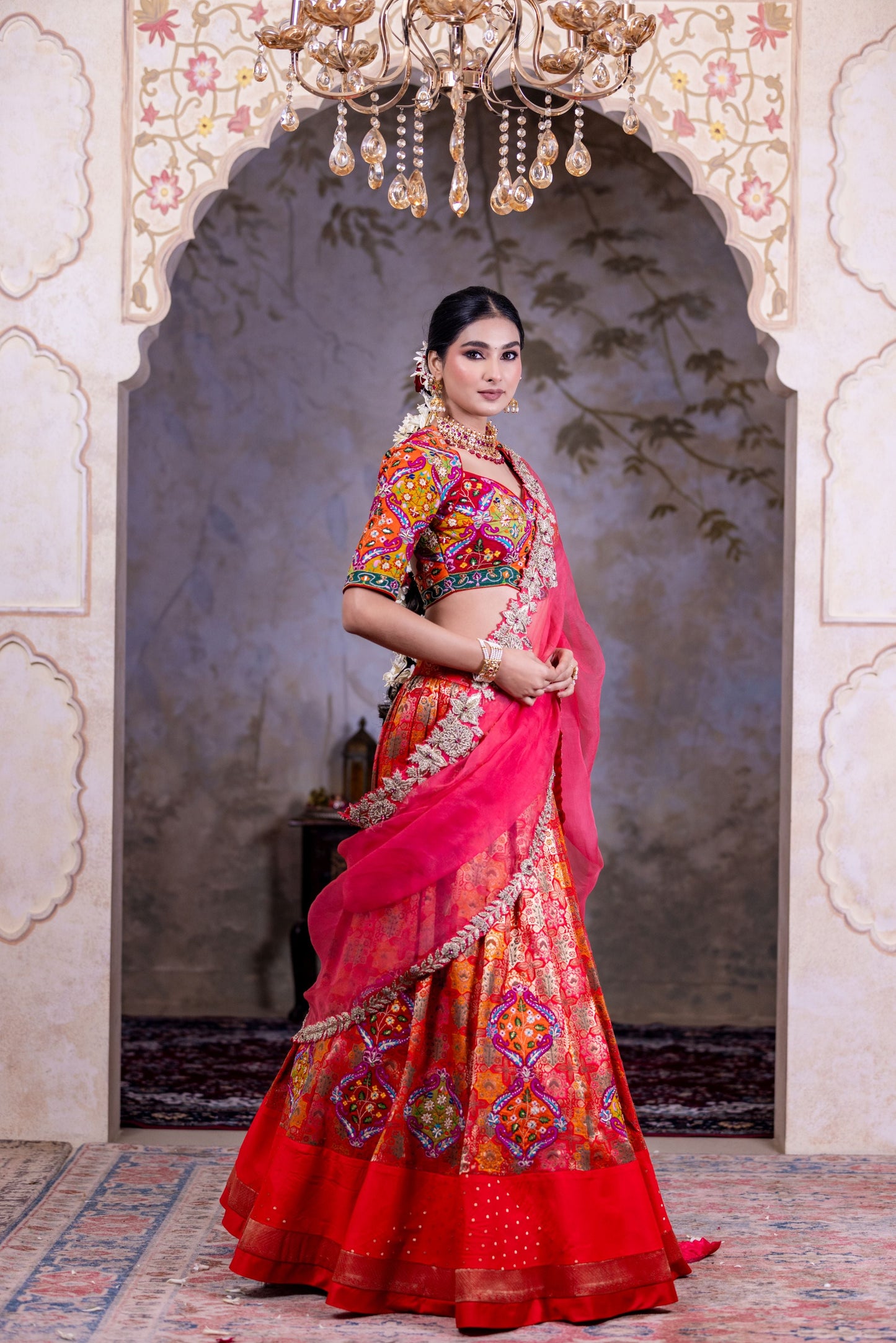 Festive Hot Red Lehenga Choli With Multicolor Sequins Thread Work And Contrast Pink Dupatta