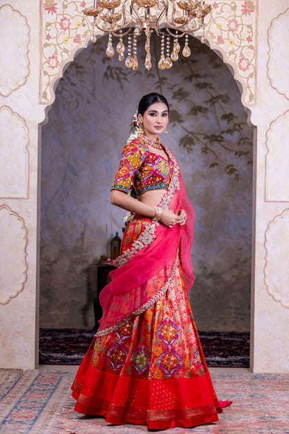 Festive Hot Red Lehenga Choli With Multicolor Sequins Thread Work And Contrast Pink Dupatta