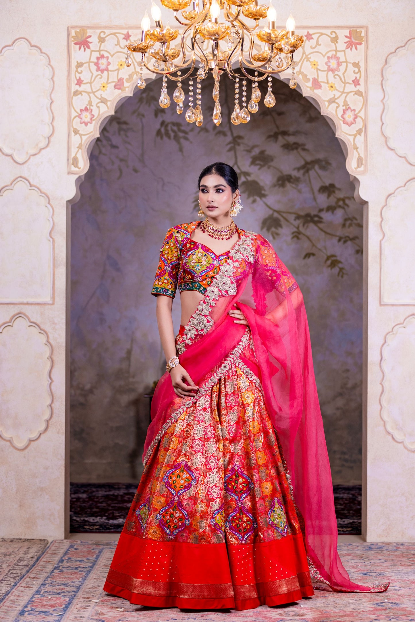Festive Hot Red Lehenga Choli With Multicolor Sequins Thread Work And Contrast Pink Dupatta