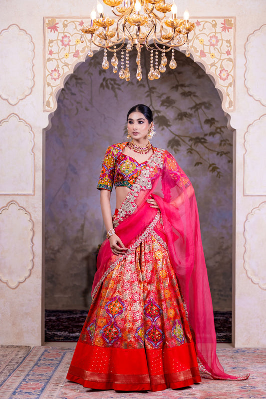 Festive Hot Red Lehenga Choli With Multicolor Sequins Thread Work And Contrast Pink Dupatta