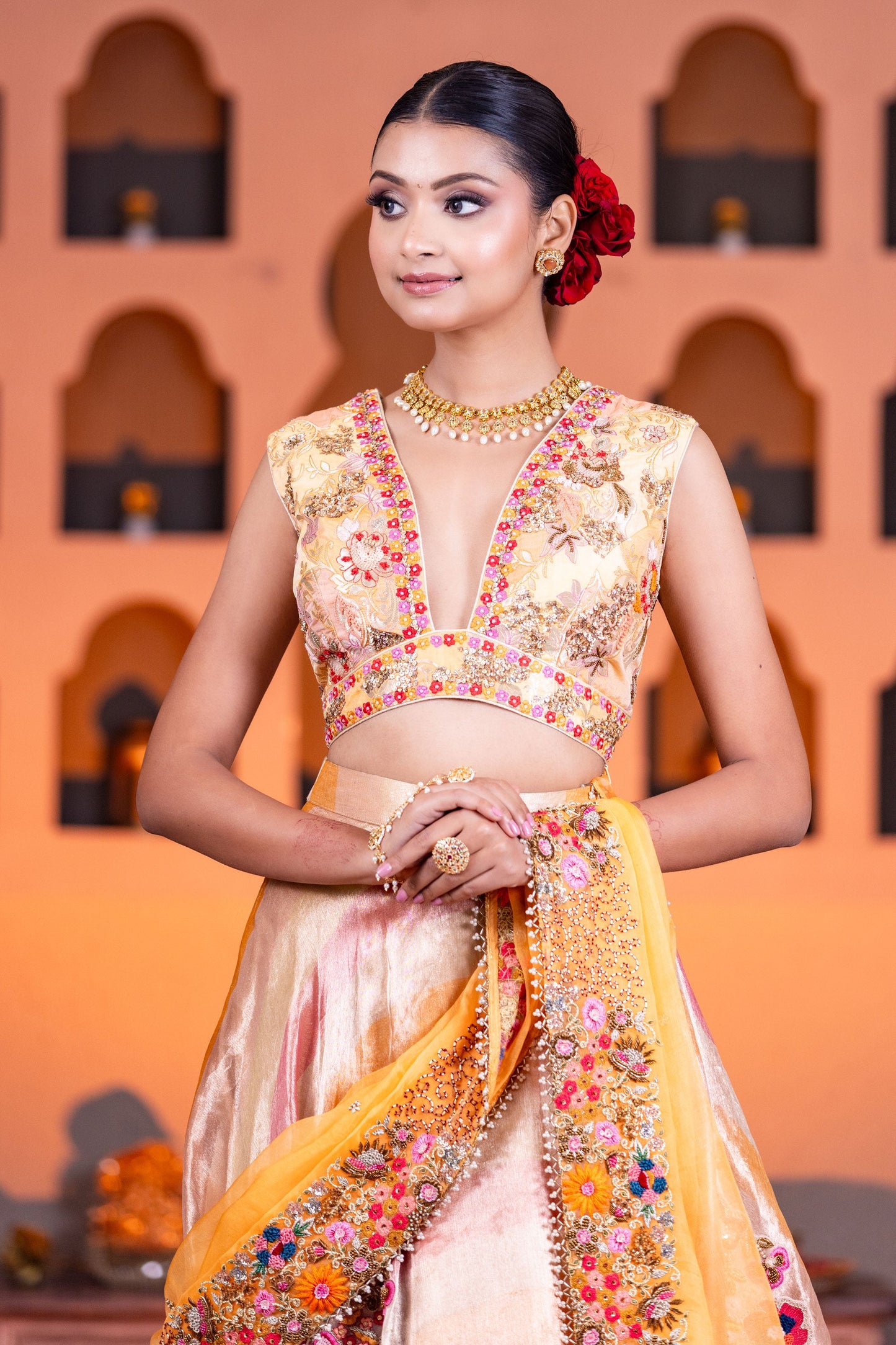 Designer Leheriya Organza Lehenga With Brocade Blouse & Embellished Organza Dupatta