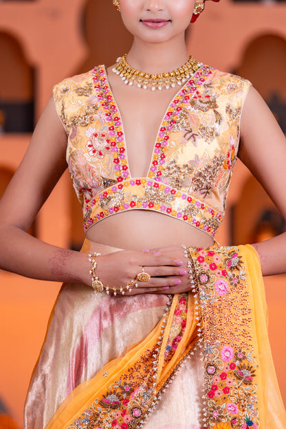 Designer Leheriya Organza Lehenga With Brocade Blouse & Embellished Organza Dupatta