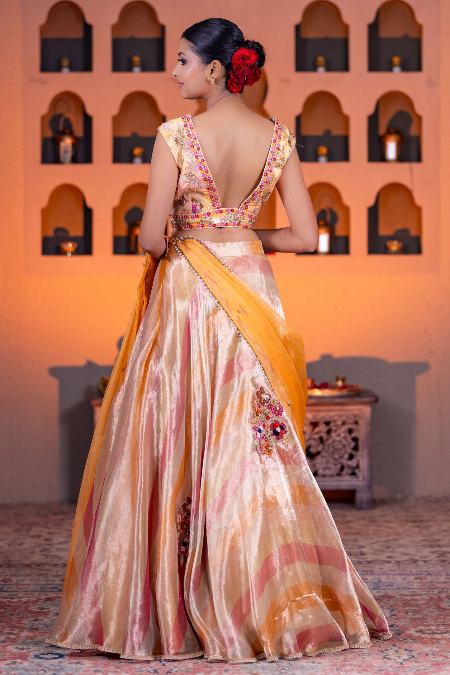Designer Leheriya Organza Lehenga With Brocade Blouse & Embellished Organza Dupatta