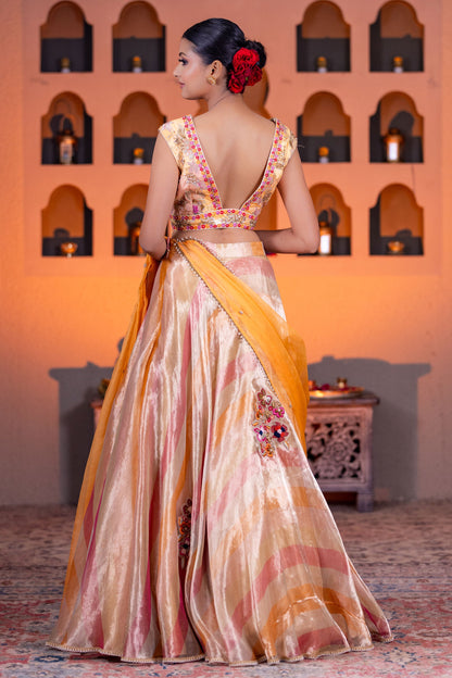 Designer Leheriya Organza Lehenga With Brocade Blouse & Embellished Organza Dupatta