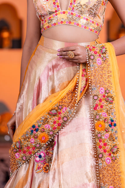Designer Leheriya Organza Lehenga With Brocade Blouse & Embellished Organza Dupatta