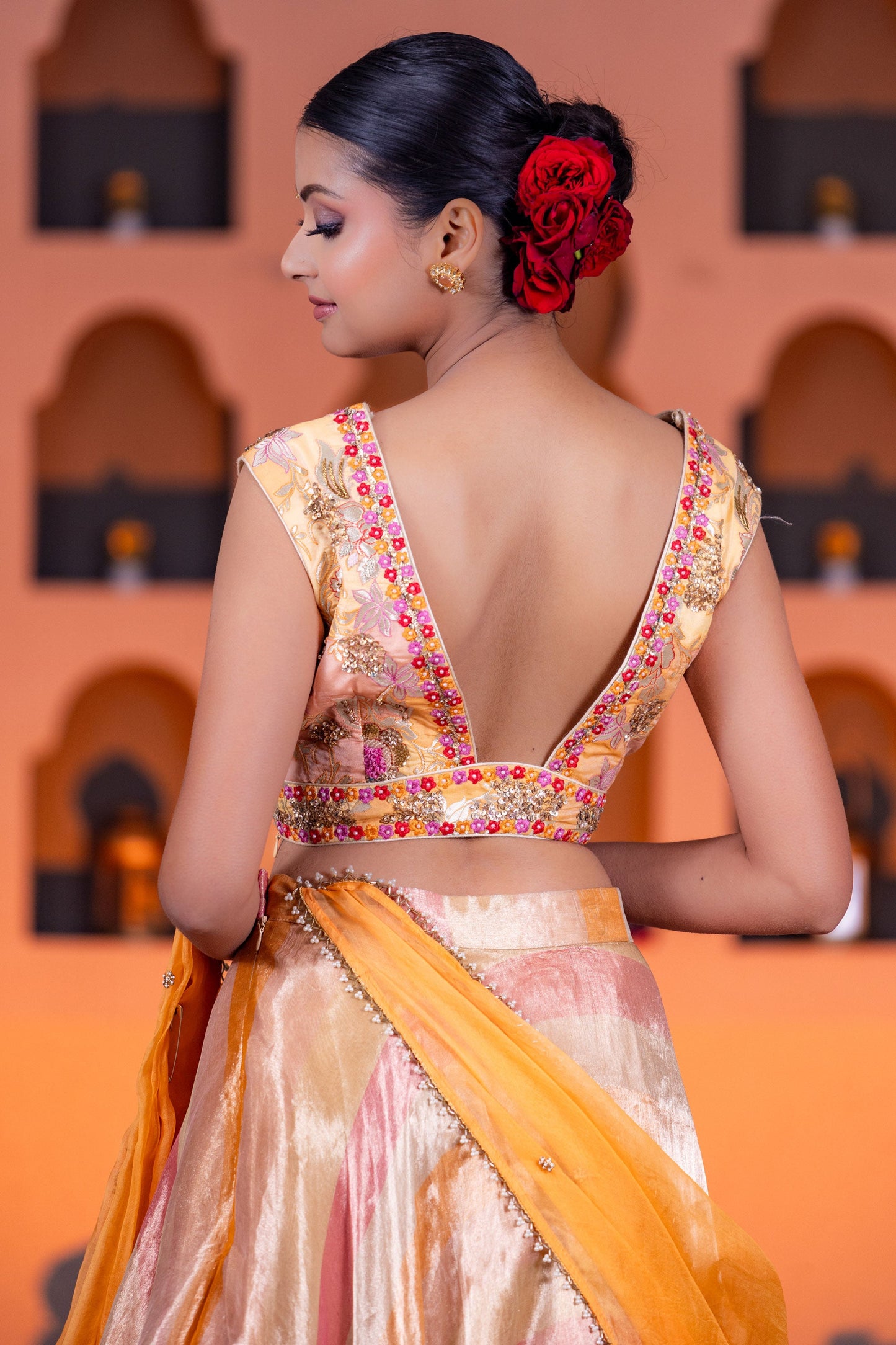 Designer Leheriya Organza Lehenga With Brocade Blouse & Embellished Organza Dupatta