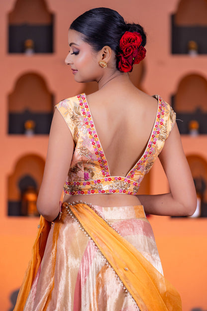Designer Leheriya Organza Lehenga With Brocade Blouse & Embellished Organza Dupatta