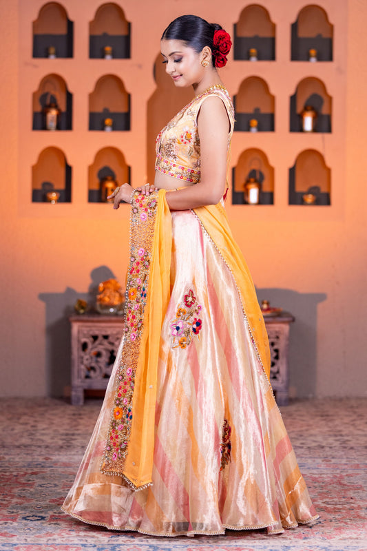 Designer Leheriya Organza Lehenga With Brocade Blouse & Embellished Organza Dupatta