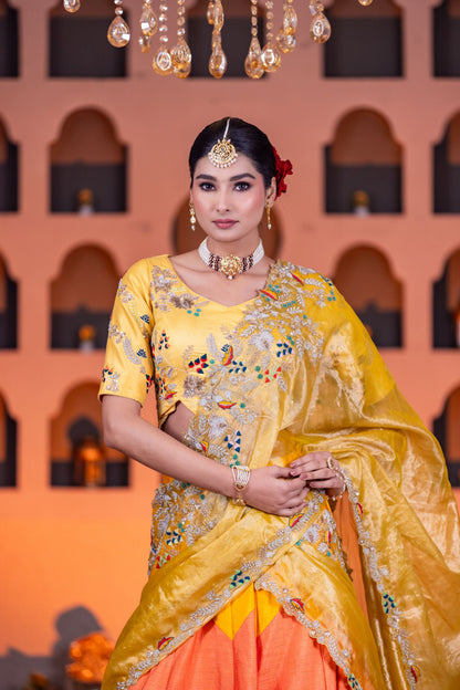 Tricolor Dupion Lehenga Set with Tissue Dupattas and Thread Cardozo Work Blouse