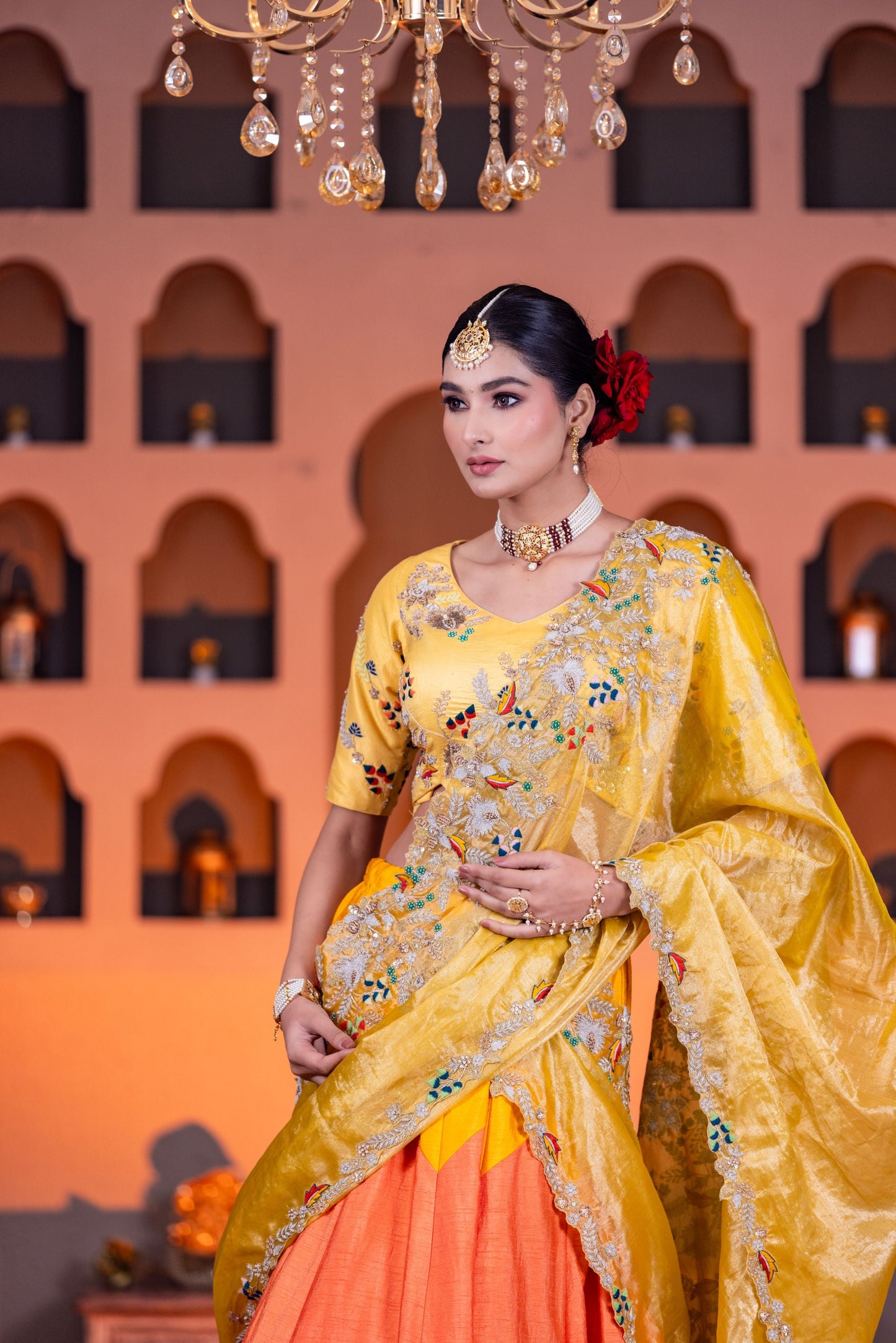 Tricolor Dupion Lehenga Set with Tissue Dupattas and Thread Cardozo Work Blouse