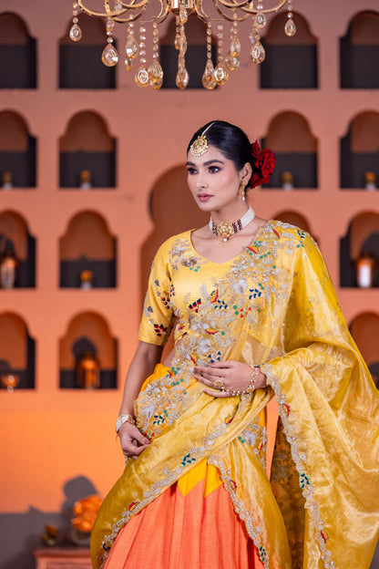 Tricolor Dupion Lehenga Set with Tissue Dupattas and Thread Cardozo Work Blouse