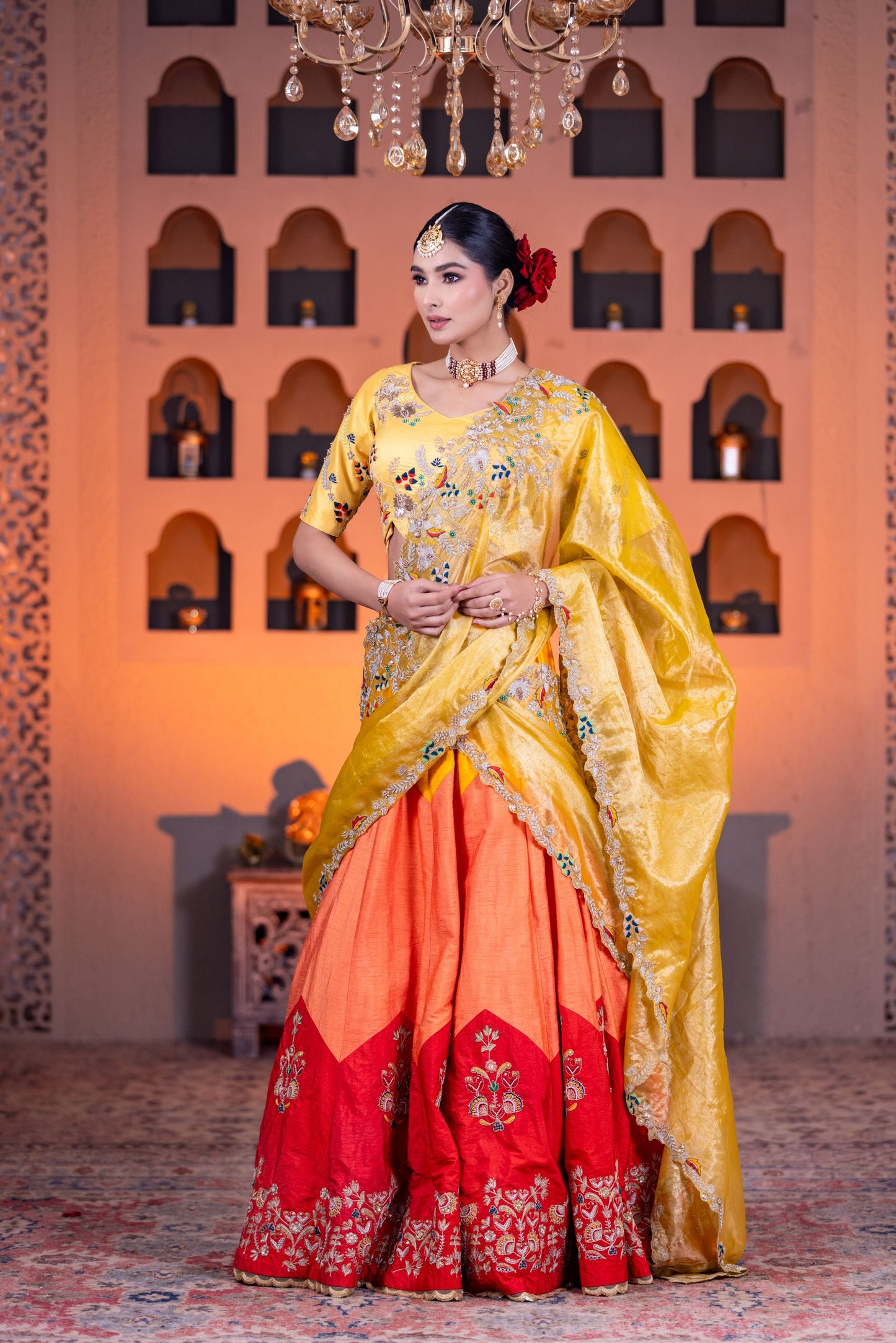 Tricolor Dupion Lehenga Set with Tissue Dupattas and Thread Cardozo Work Blouse