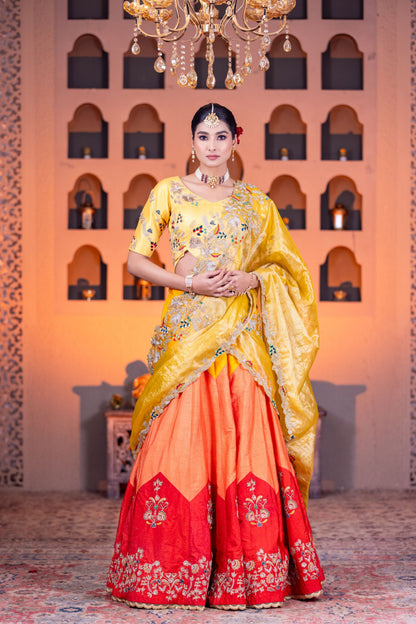 Tricolor Dupion Lehenga Set with Tissue Dupattas and Thread Cardozo Work Blouse