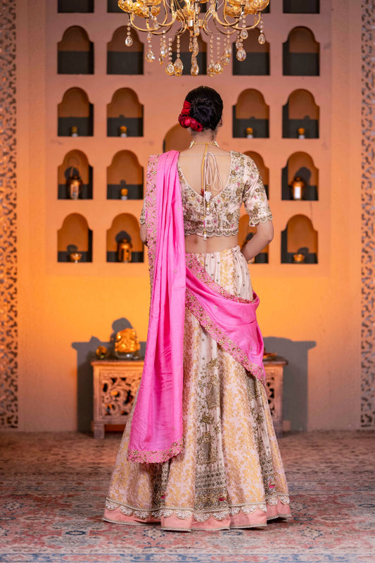 Bridal Pink Zardosi Lehenga With Dabka Cutdana Pearl Work And Contrast Border Dupatta
