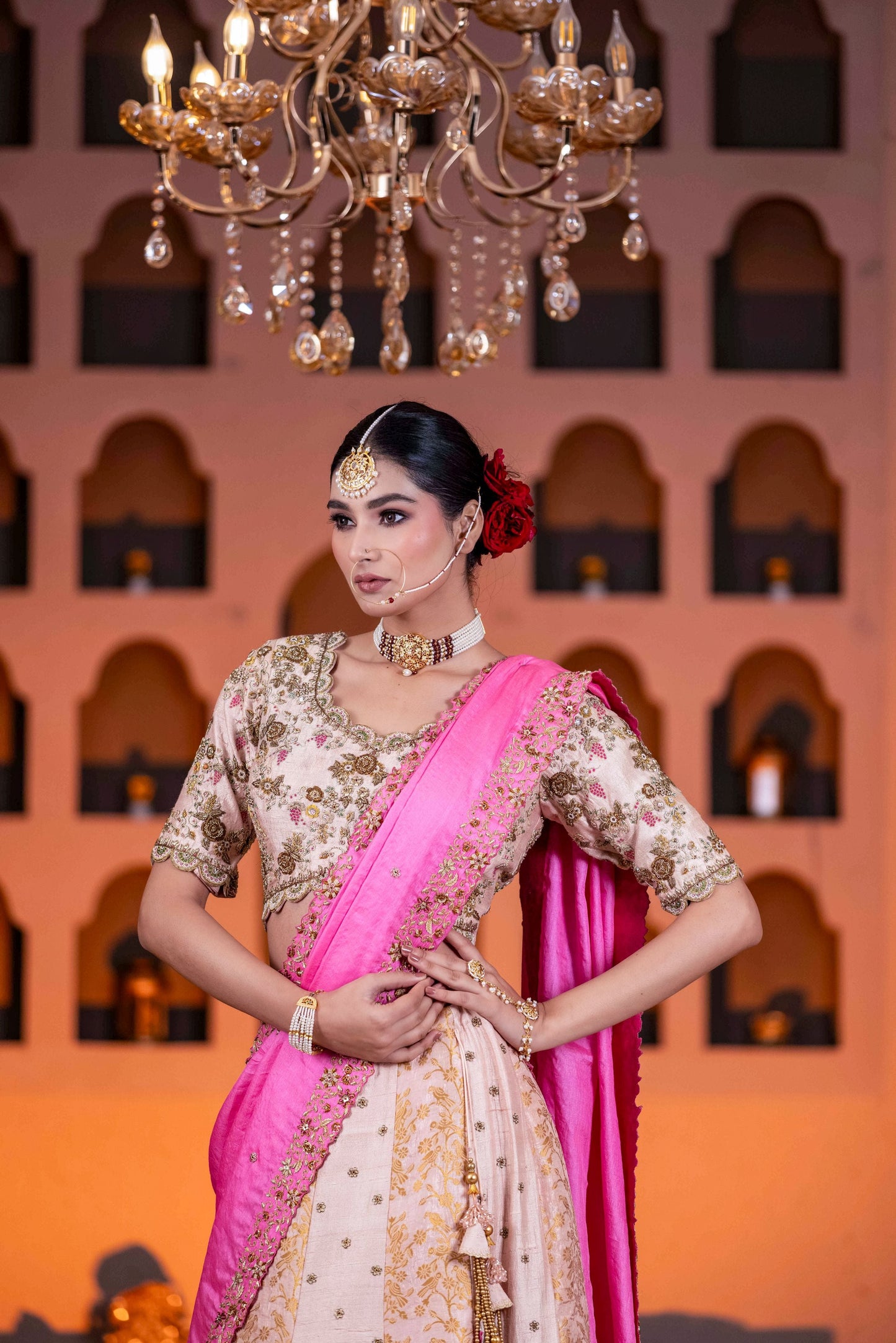 Bridal Pink Zardosi Lehenga With Dabka Cutdana Pearl Work And Contrast Border Dupatta