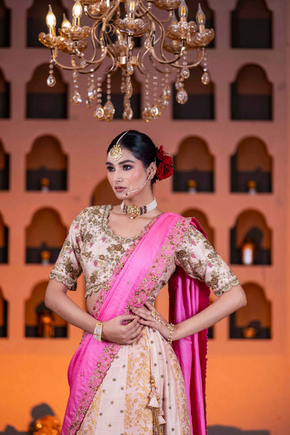 Bridal Pink Zardosi Lehenga With Dabka Cutdana Pearl Work And Contrast Border Dupatta