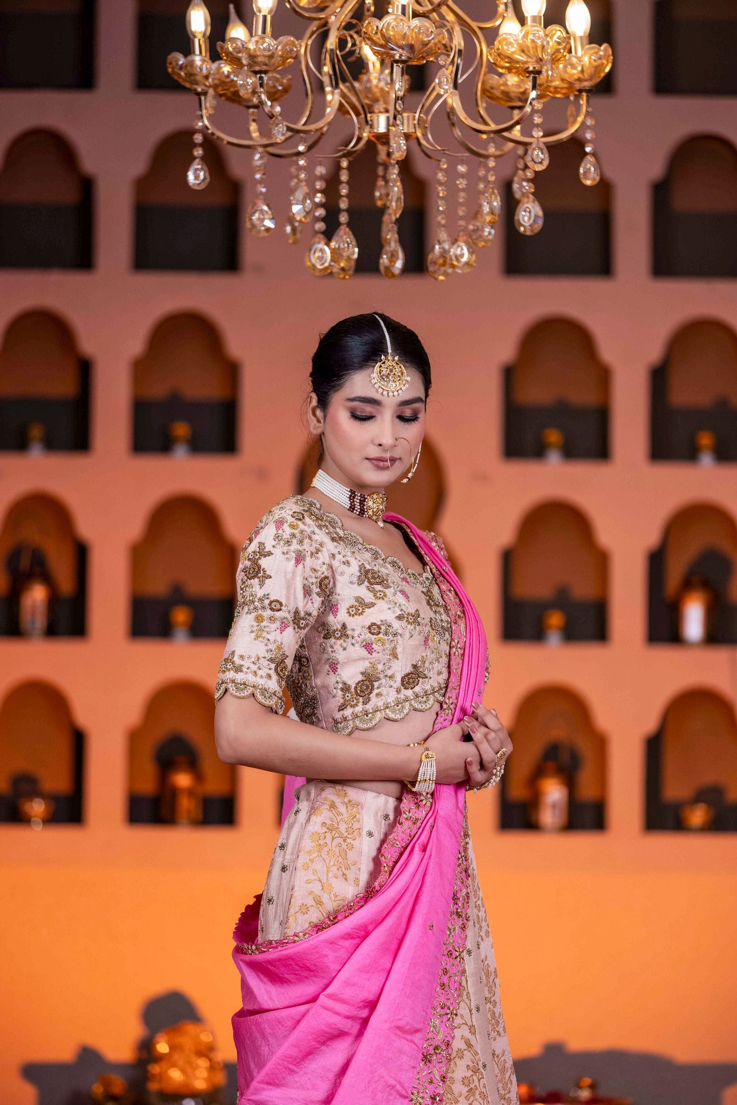 Bridal Pink Zardosi Lehenga With Dabka Cutdana Pearl Work And Contrast Border Dupatta