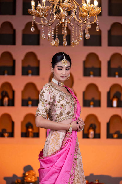 Bridal Pink Zardosi Lehenga With Dabka Cutdana Pearl Work And Contrast Border Dupatta