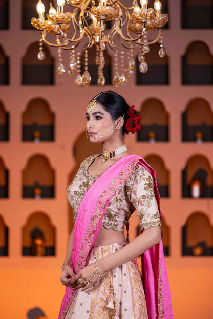 Bridal Pink Zardosi Lehenga With Dabka Cutdana Pearl Work And Contrast Border Dupatta