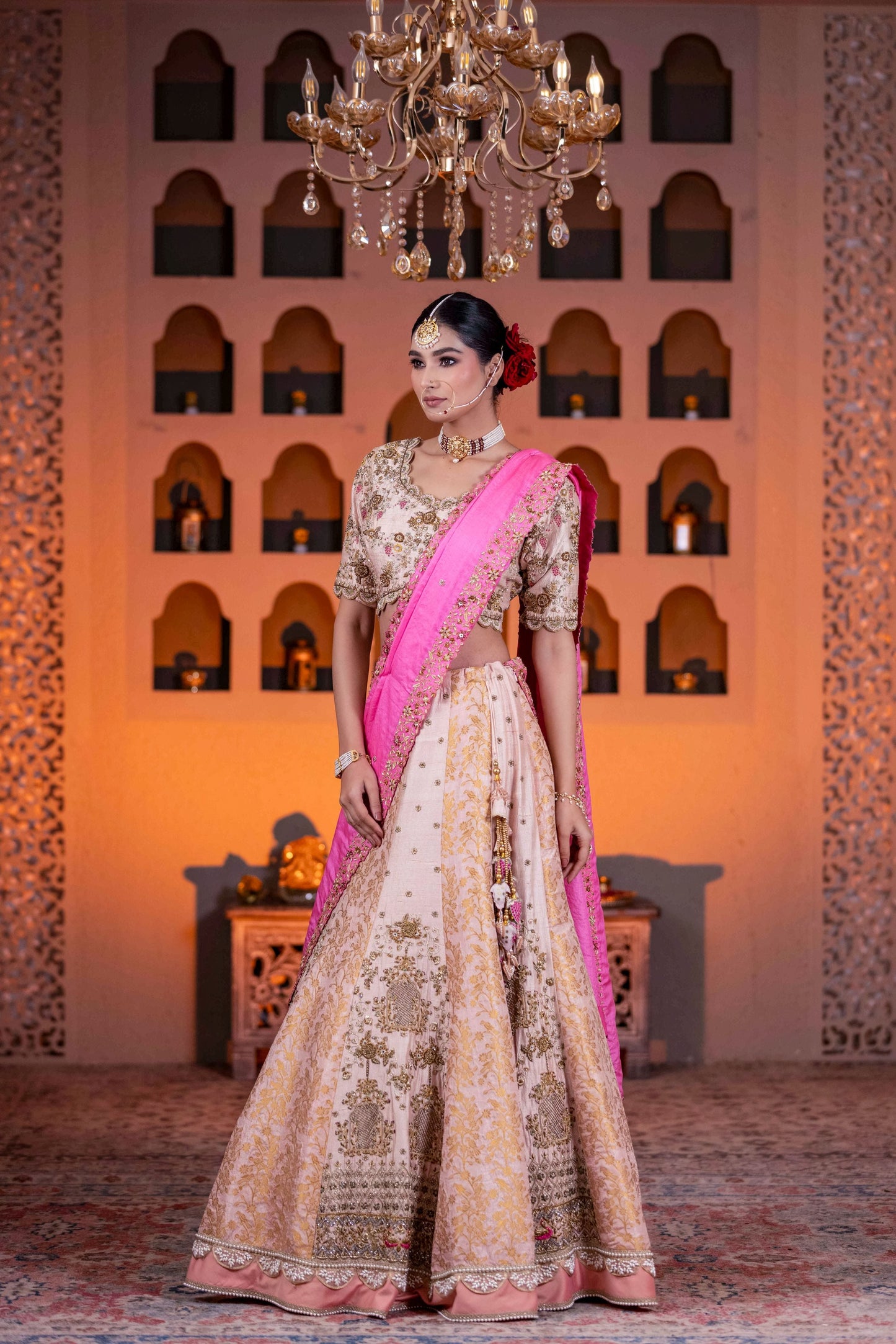 Bridal Pink Zardosi Lehenga With Dabka Cutdana Pearl Work And Contrast Border Dupatta