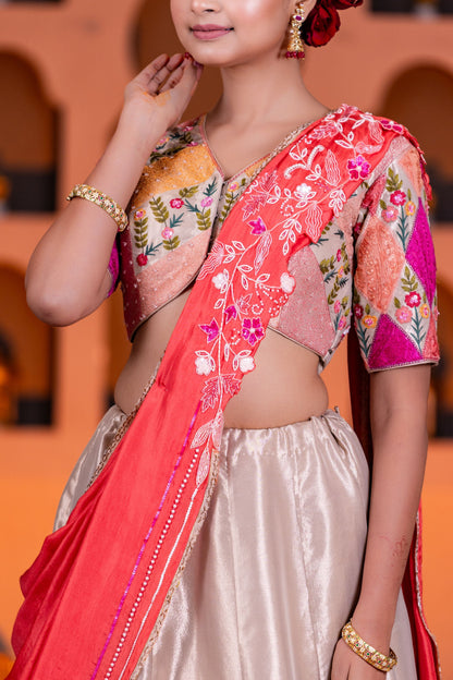 Festive Golden Tissue Cow Work Lehenga with Contrast Dupatta and Vibrant Pink Accents