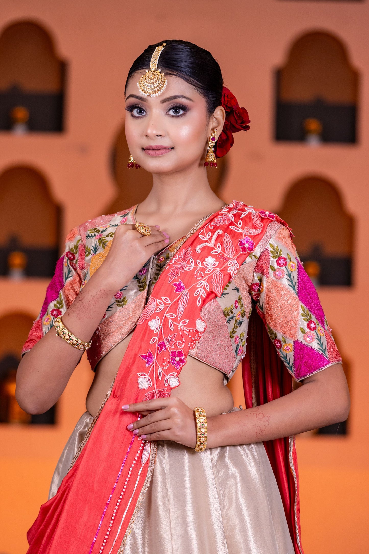 Festive Golden Tissue Cow Work Lehenga with Contrast Dupatta and Vibrant Pink Accents