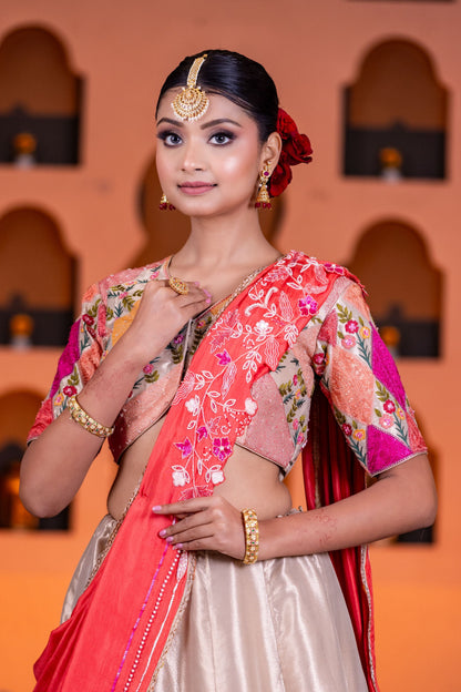 Festive Golden Tissue Cow Work Lehenga with Contrast Dupatta and Vibrant Pink Accents