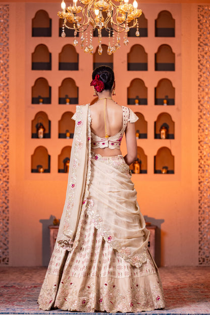 Beige Heavy Handwork Lehenga Set With Embellished Blouse And Organza Dupatta