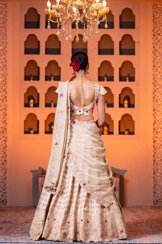 Beige Heavy Handwork Lehenga Set With Embellished Blouse And Organza Dupatta