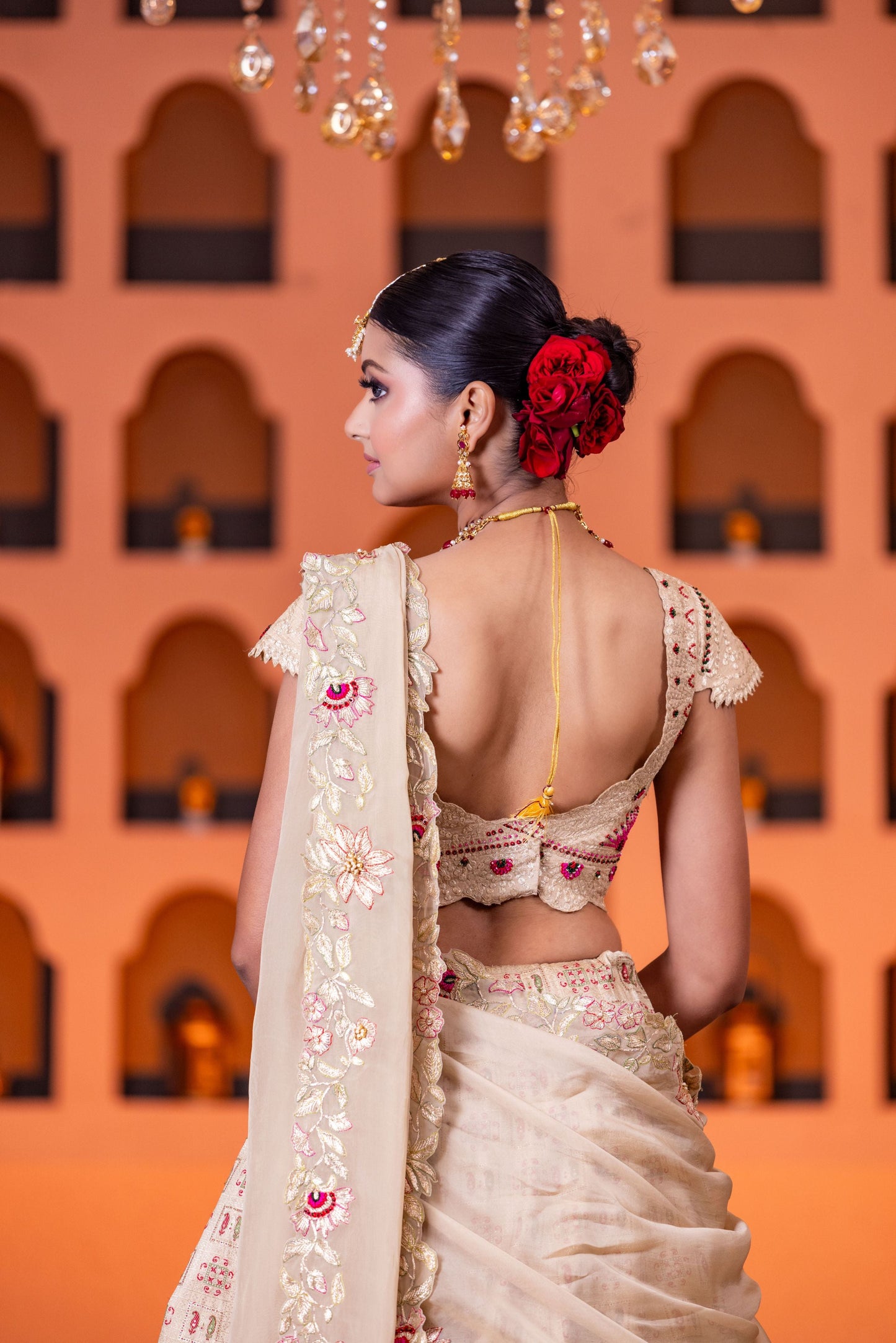 Beige Heavy Handwork Lehenga Set With Embellished Blouse And Organza Dupatta