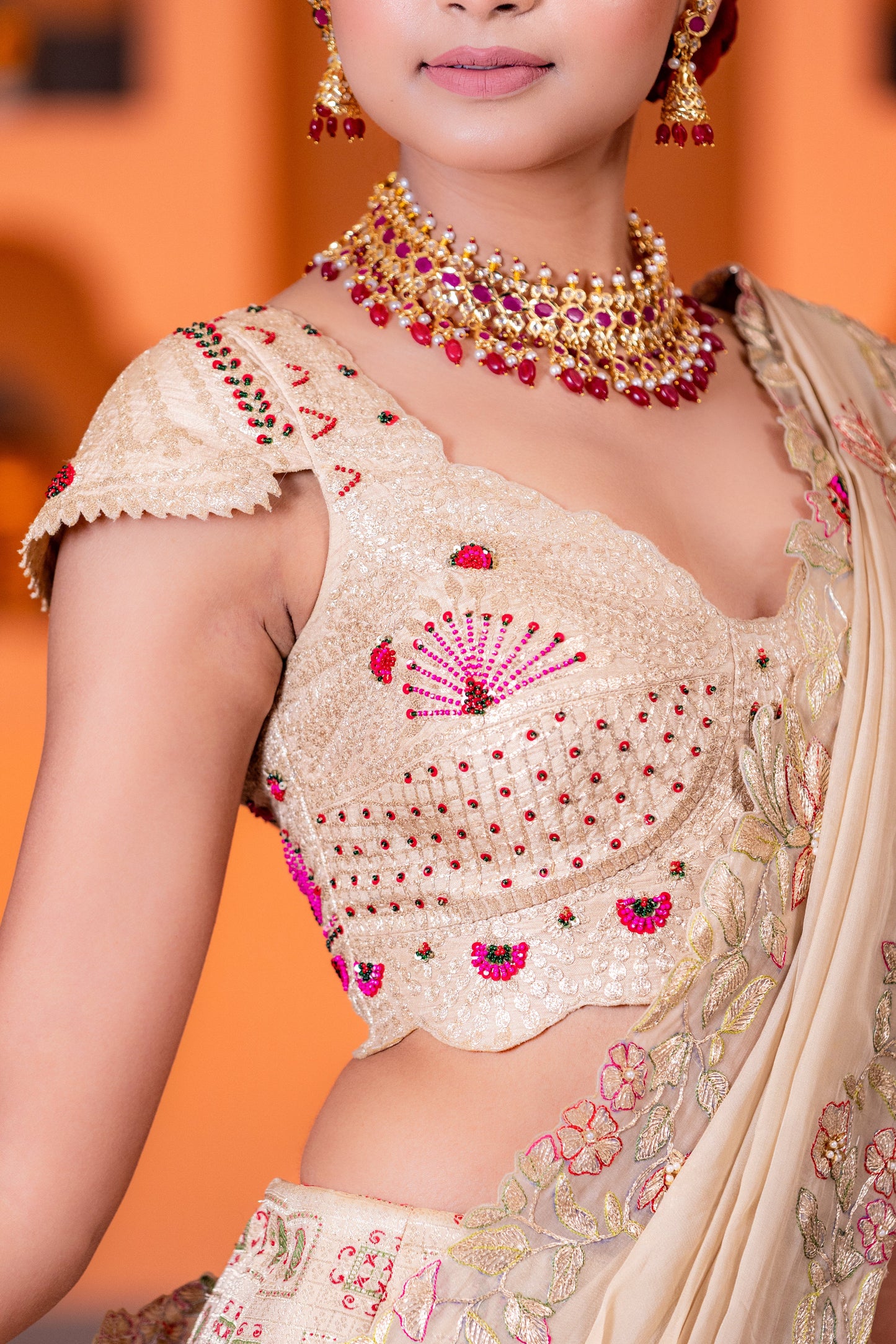 Beige Heavy Handwork Lehenga Set With Embellished Blouse And Organza Dupatta