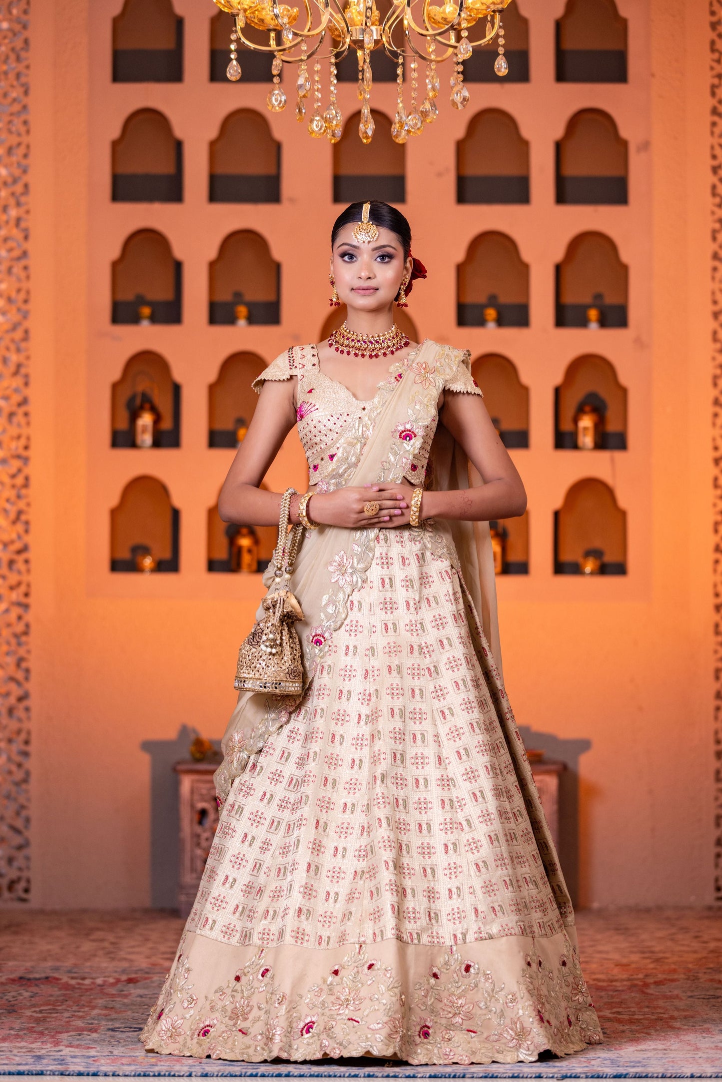 Beige Heavy Handwork Lehenga Set With Embellished Blouse And Organza Dupatta