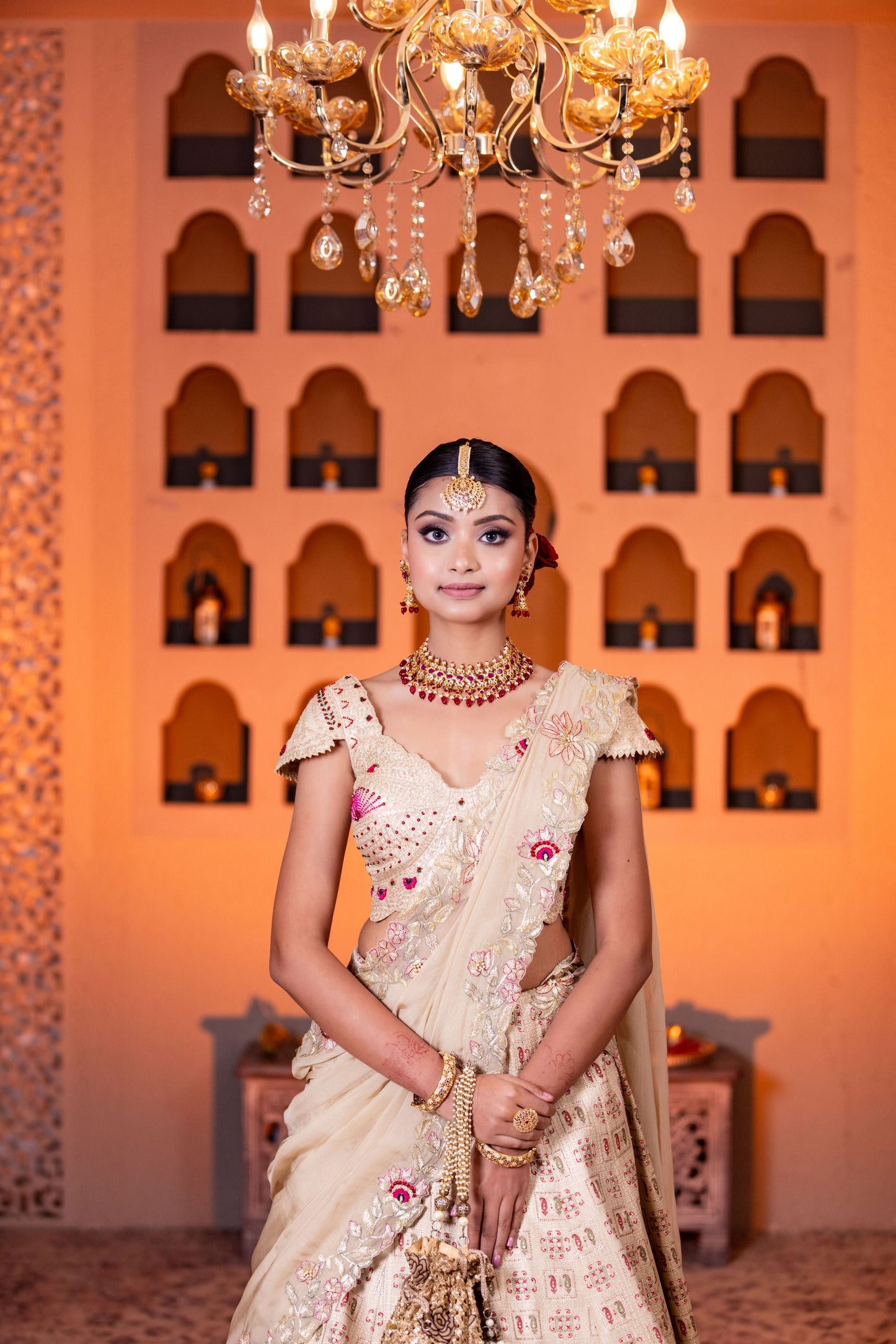 Beige Heavy Handwork Lehenga Set With Embellished Blouse And Organza Dupatta