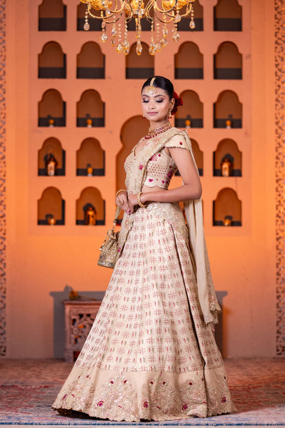 Beige Heavy Handwork Lehenga Set With Embellished Blouse And Organza Dupatta
