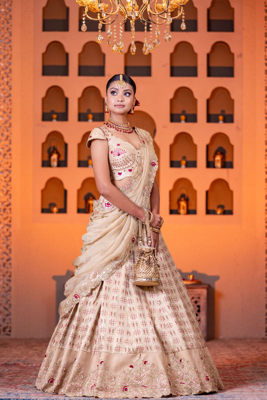 Beige Heavy Handwork Lehenga Set With Embellished Blouse And Organza Dupatta