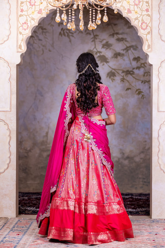 Royal Magenta Brocade Lehenga with Heavy Zari Embellished Blouse and Silk Dupatta