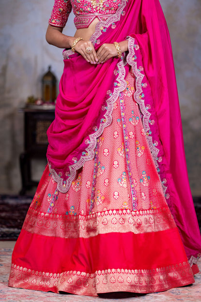 Royal Magenta Brocade Lehenga with Heavy Zari Embellished Blouse and Silk Dupatta