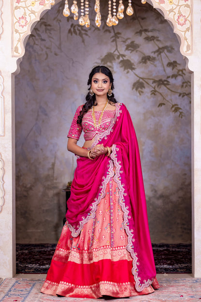 Royal Magenta Brocade Lehenga with Heavy Zari Embellished Blouse and Silk Dupatta