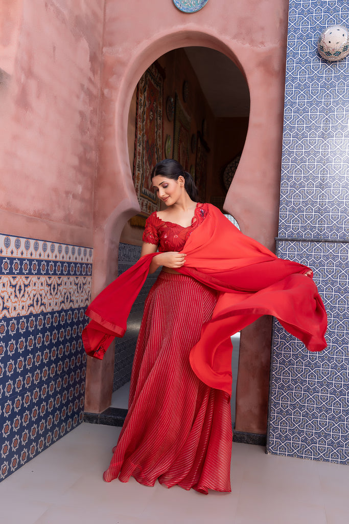 Mahroon Lehenga, Flower Cut Work Blouse With Chinon Chiffon Dupatta