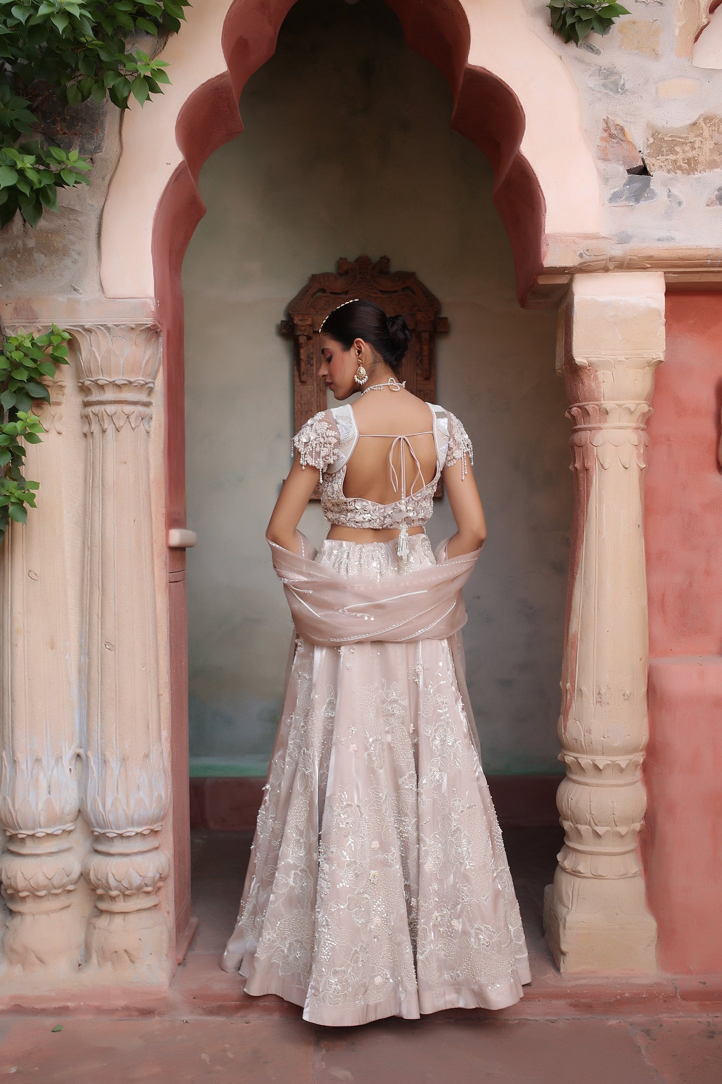 Ivory Bridal Lehenga Set with Embellished Blouse and Organza Dupatta